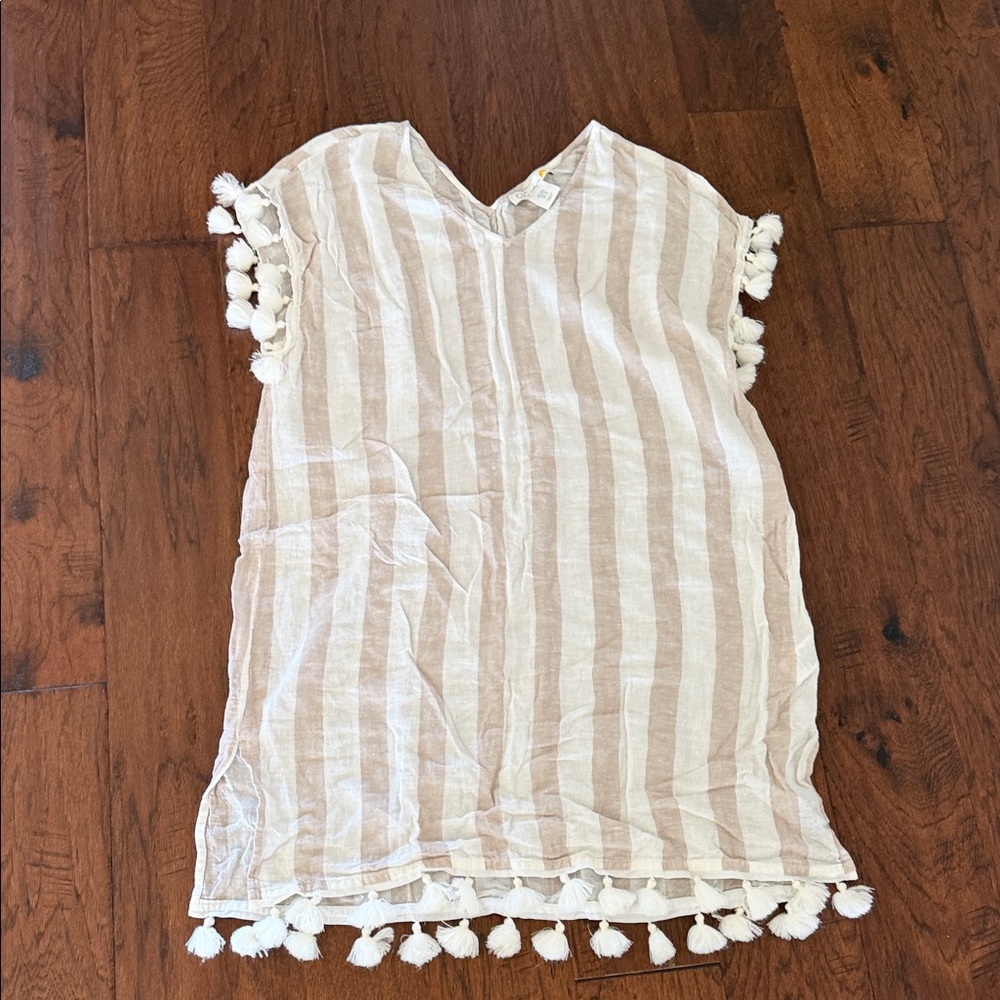 C&C California Striped Tassel Swim Coverup in White and Tan